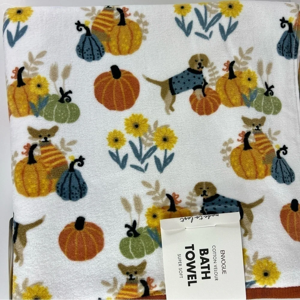 Envogue Bath Towel Set Pumpkins Puppies Dogs Cotton Velour - 4 Piece Set - NEW